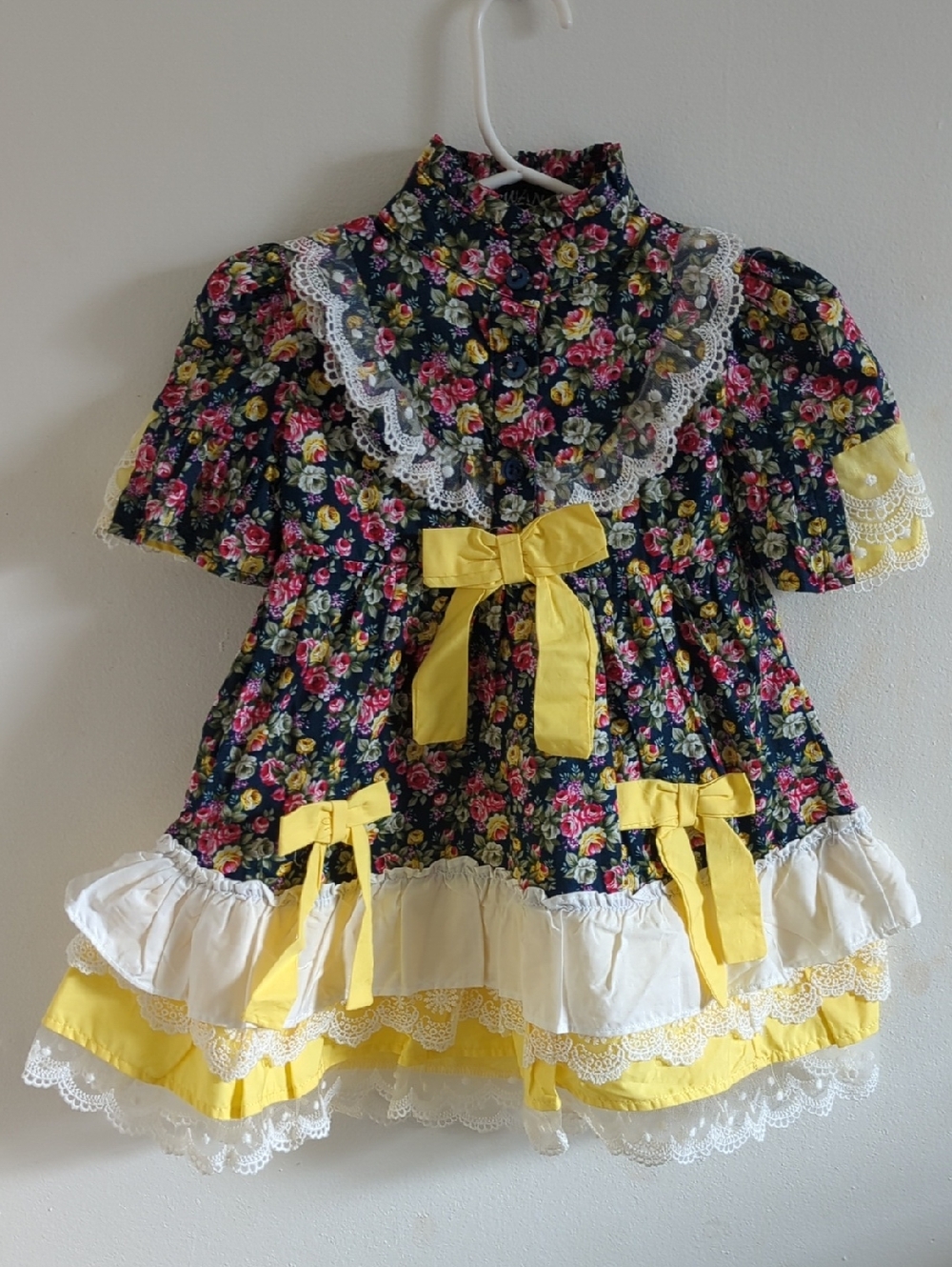 Girls Floral Lace-Trim Yellow Bow Party Dress